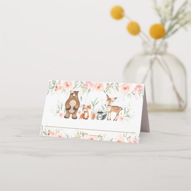 Carte De Placement Chic Bois Animaux Blush Floral Douche Anniversaire (Devant)