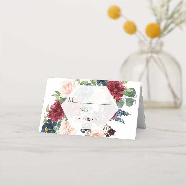 Carte De Placement Chic Bourgogne Floral Hexagon Numéro de tableau (Devant)