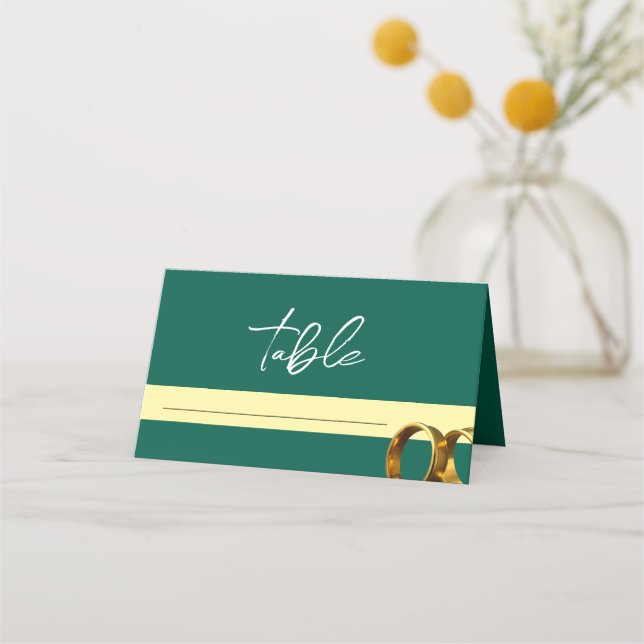 Carte De Placement Chic Emerald Green Gold Rings Mariage (Devant)