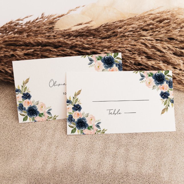 Carte De Placement Chic Navy bleu et rose pâle Mariage floral (Chic Navy Blue and Blush Pink Floral Wedding Flat Place Card)