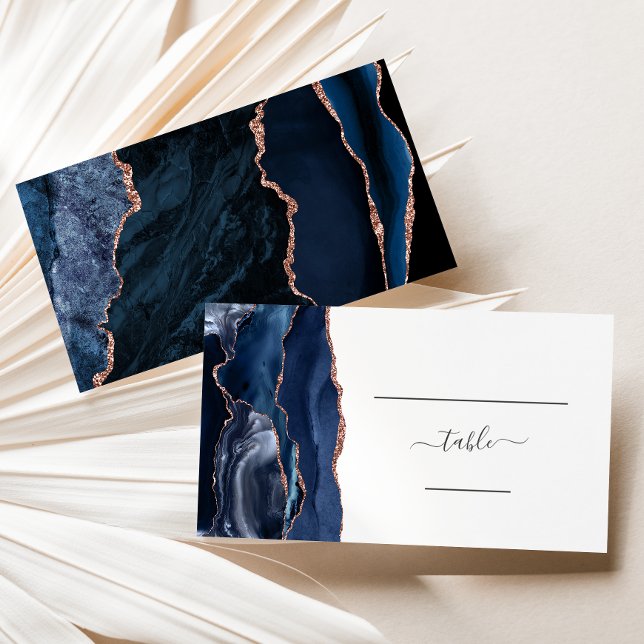 Carte De Placement Chic Navy Blue Rose Gold Agate Mariage Escort (Créateur téléchargé)
