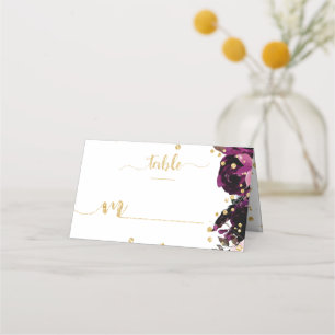 Carte De Placement Chic Purple Floral & Gold Confetti Numéro de table
