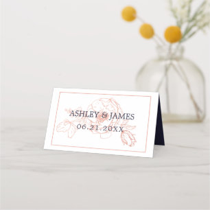 Carte De Placement Chic Rose Gold Floral Outline Marine Blue Mariage