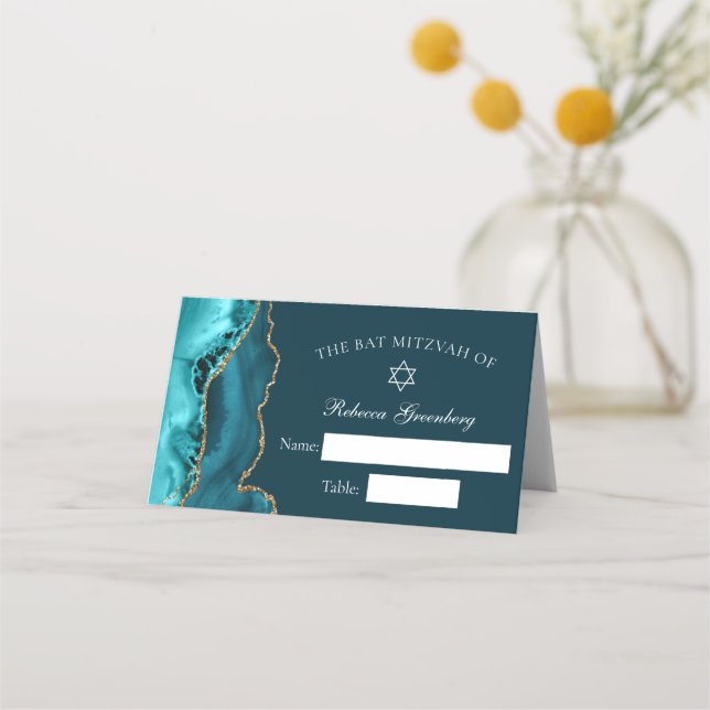 Carte De Placement Chic Turquoise Gold Agate Bat mitzvah Party (Devant)