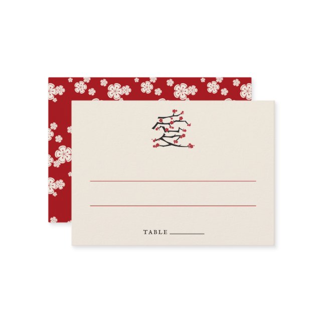 Carte De Placement Chinese Love Red Cherry Blossoms (Devant/Arrière en situation)