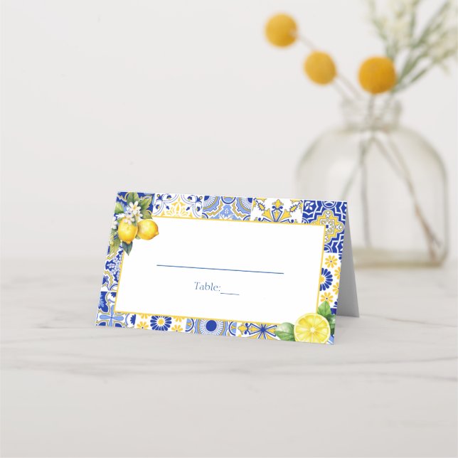 Carte De Placement Citron Positano Carreaux bleus Mariage méditerrané (Devant)