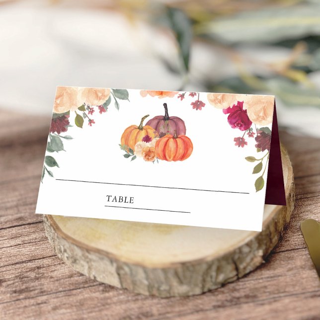 Carte De Placement Citrouille Floral Orange Brûlé Mariage Bourgogne (Créateur téléchargé)