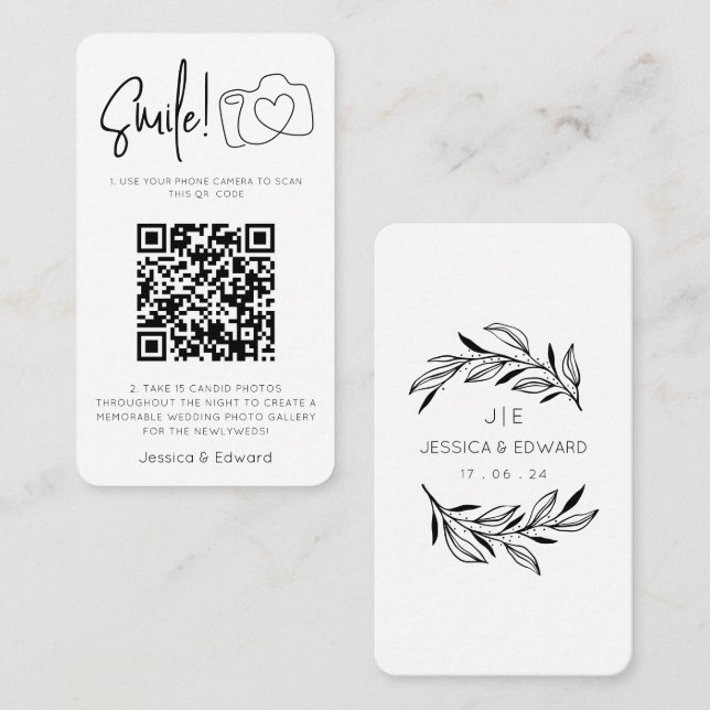 Carte De Placement Code QR de photos mémorables Noir Chic Mariage mod (Devant / Derrière)