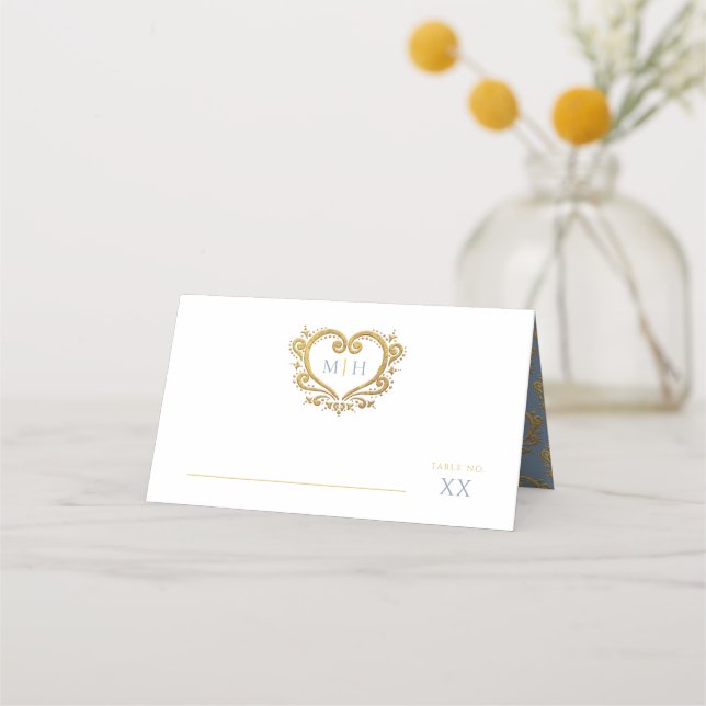 Carte De Placement Coeur décoratif or monogramme mariage bleu poussié (Devant)
