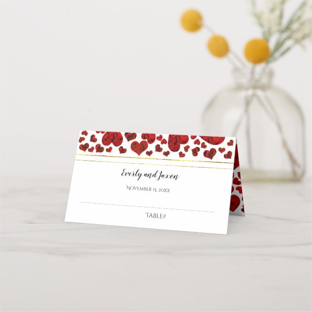 Carte De Placement Coeurs et Mariage Rose élégants rouge et or (Devant)