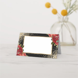 Carte De Placement Confettis Or Noir Roses Rouges Floral