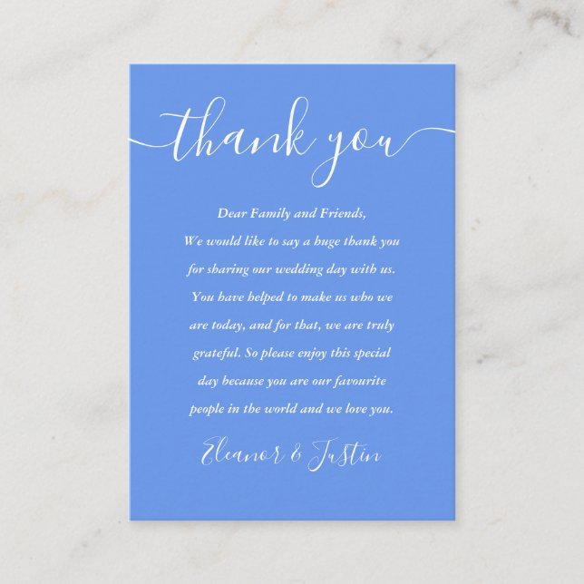 Carte De Placement Cornflower BleMariage de script moderne Merci (Devant)