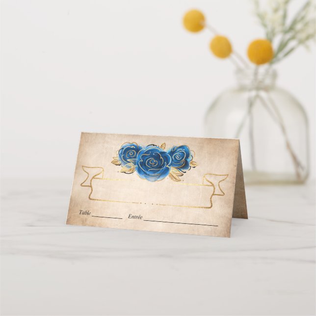 Carte De Placement Couronne élégante bleu royal et or rose sur parche (Devant)