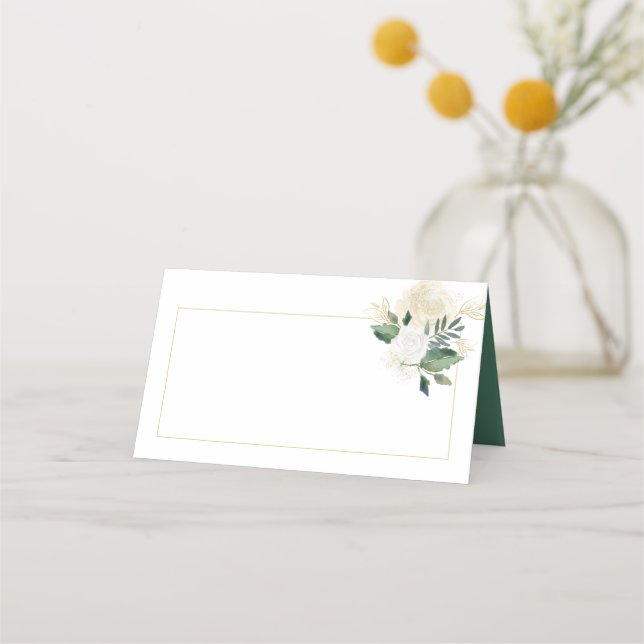 Carte De Placement Crème Roses Blanches Parties scintillant Verdure C (Devant)