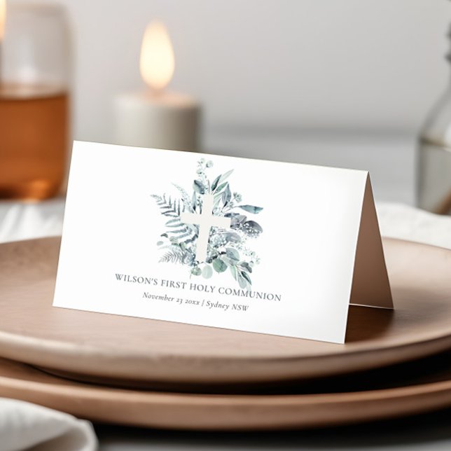 Carte De Placement Croix du feuillage Eucalyptus Première communion s (Créateur téléchargé)