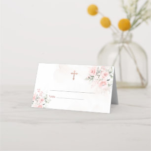 Carte De Placement Croix florale rose pâle pour baptême et christenin