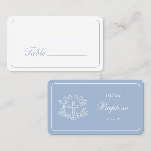 Carte De Placement Croix florale simple sur Baptême bleu clair (Devant / Derrière)
