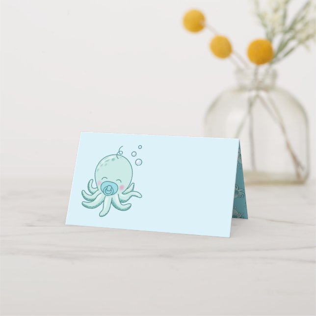 Carte De Placement Cute Baby shower Octopus Kawaii Blue Boy (Devant)