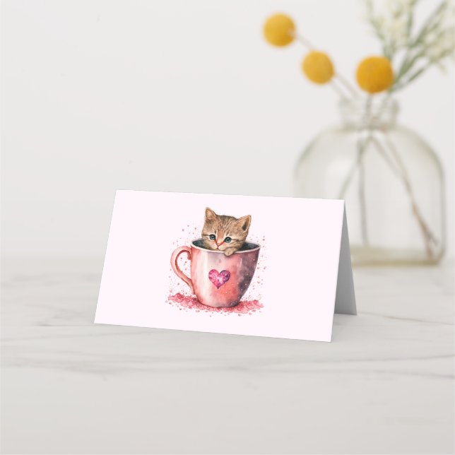 Carte De Placement Cute Kitten dans un Teacup avec les coeurs (Devant)
