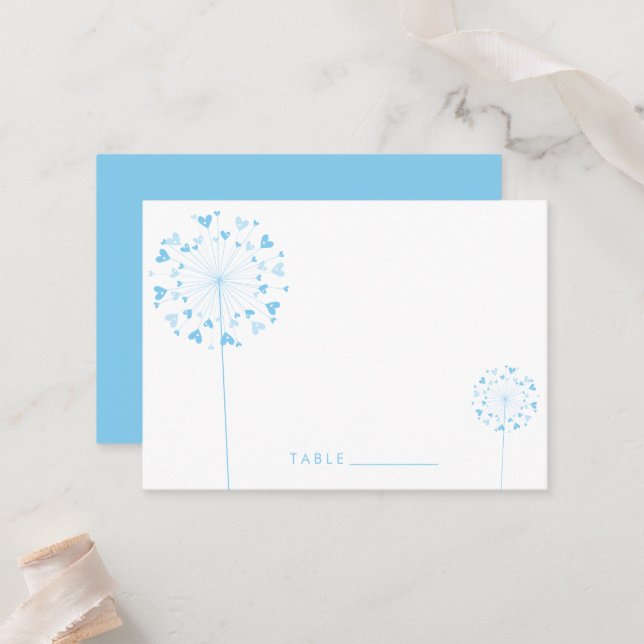 Carte De Placement Dandelion bleu Fleurs Amour Coeurs Mariage d'été (Devant/Arrière en situation)