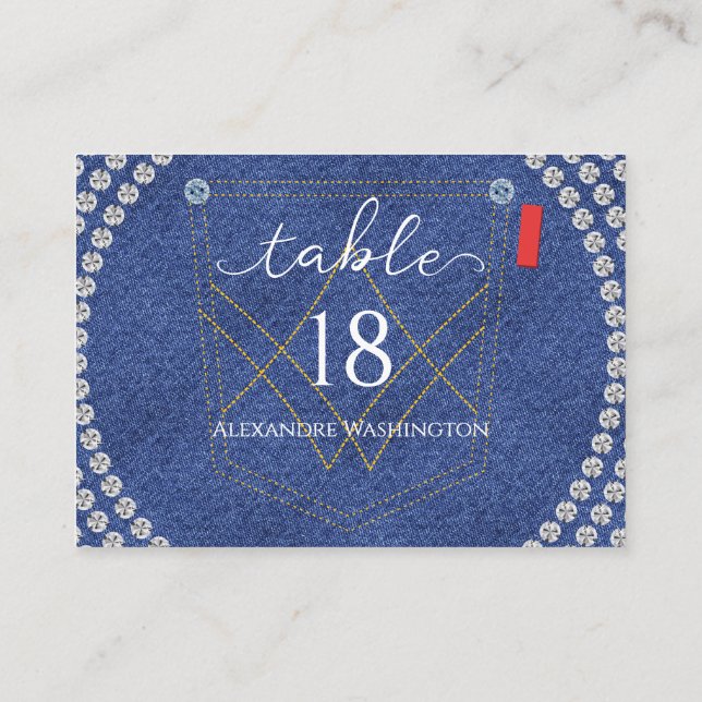 Carte De Placement Denim et Diamonds Blue Jeans Bling Anniversaire (Dos)