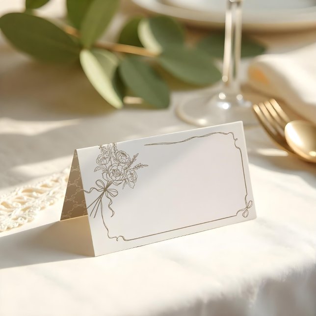 Carte De Placement Détails du mariage Bouquet à main et à ruban (Wedding Details Hand Drawn Bow & Ribbon Bouquet Place Card)