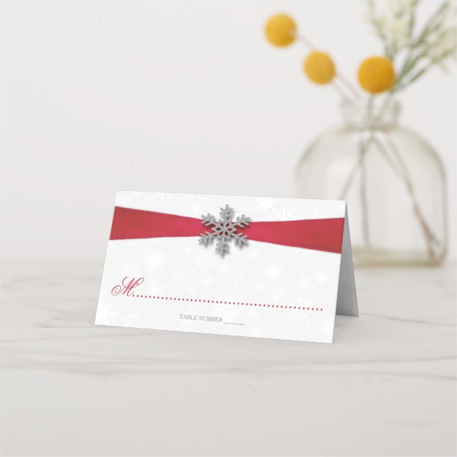 Carte De Placement Diamante Flocon de neige et Ruban rouge Mariage d' (Devant)