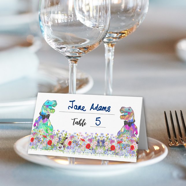Carte De Placement Dinosaur Theme Gay Wedding Wildflower (Dinosaur 2 grooms wildflower gay wedding name Place cards Colorful T-Rex dino Jurassic wedding)