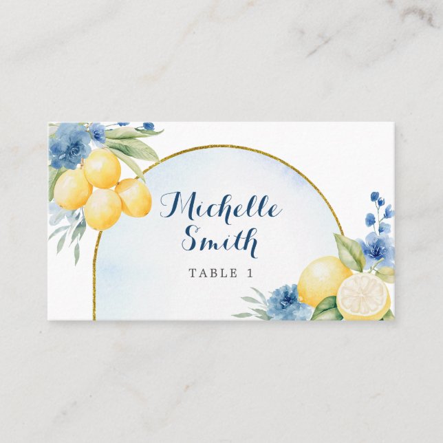 Carte De Placement Douche nuptiale à fleurs bleues citron principal (Devant)