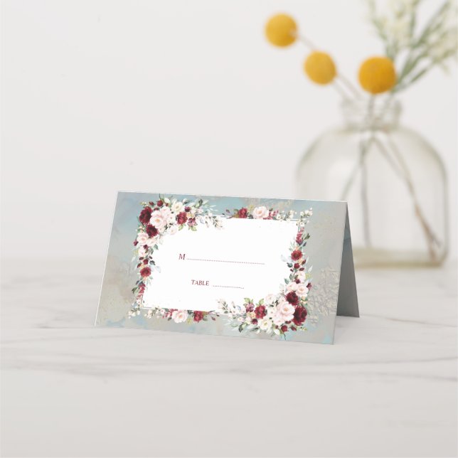 Carte De Placement Dusty Blue Bourgogne Blush Floral élégant mariage (Devant)