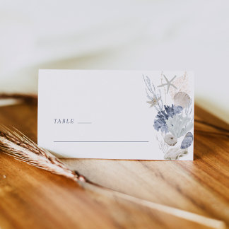 Carte De Placement Dusty Blue Coastal Shell Wedding Place Card Side