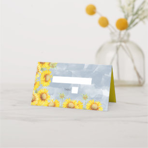 Carte De Placement Dusty Blue Watercolor Sunflowers Monogram Mariage