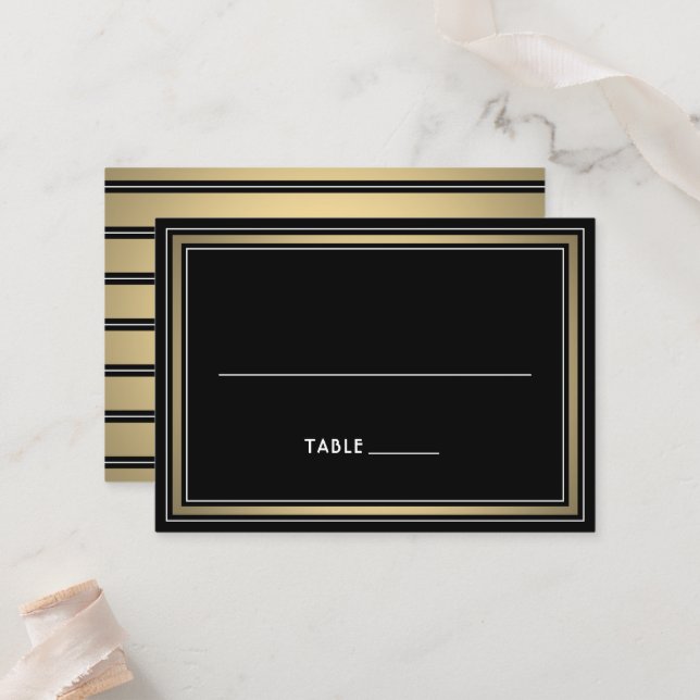 Carte De Placement Elegant Border Large Black & Gold Striped Escort / (Devant/Arrière en situation)