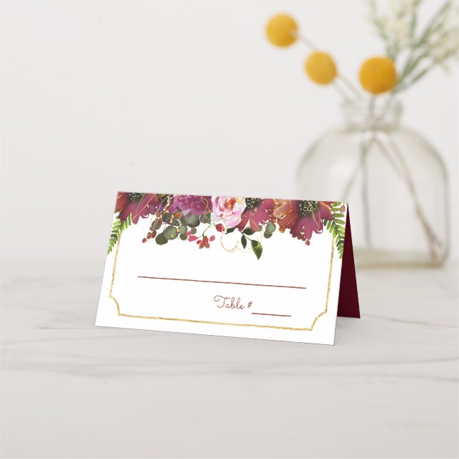 Carte De Placement Élégant Bourgogne rose Floral Or géométrique (Devant)