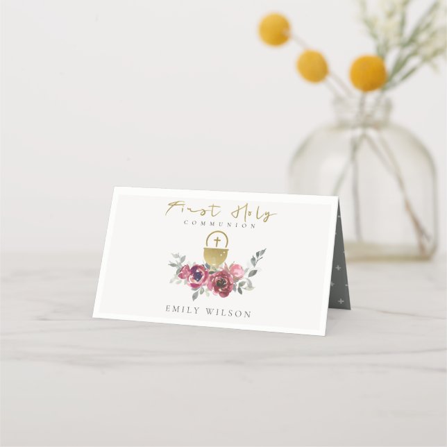 CARTE DE PLACEMENT ÉLÉGANT BURGUNDY GOLD FLORAL PREMIER SAINT COMMUNI (Devant)