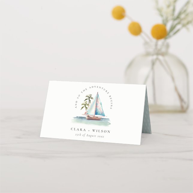Carte De Placement Elégant Dusky Turquoise Sailboat Palm Mariage mari (Devant)