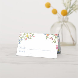 Carte De Placement Elegant Dusty Blue Pastel Wildflower Crest Wedding