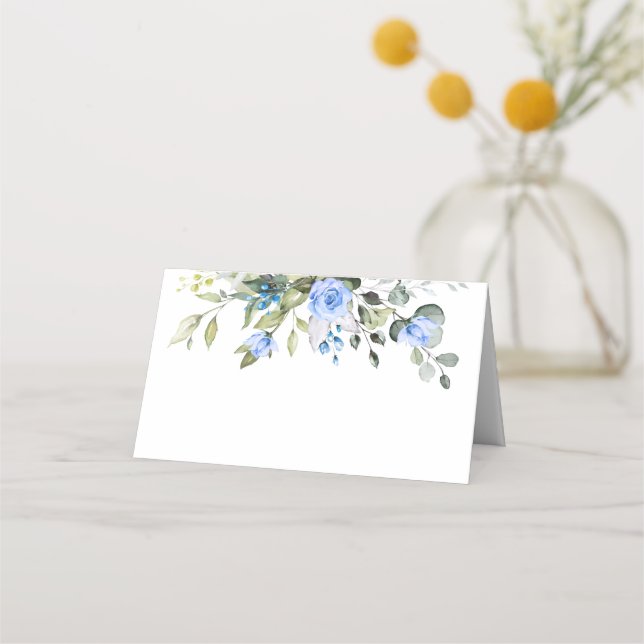 Carte De Placement Elégant Eucalyptus Blue Roses Floral Mariage Table (Devant)