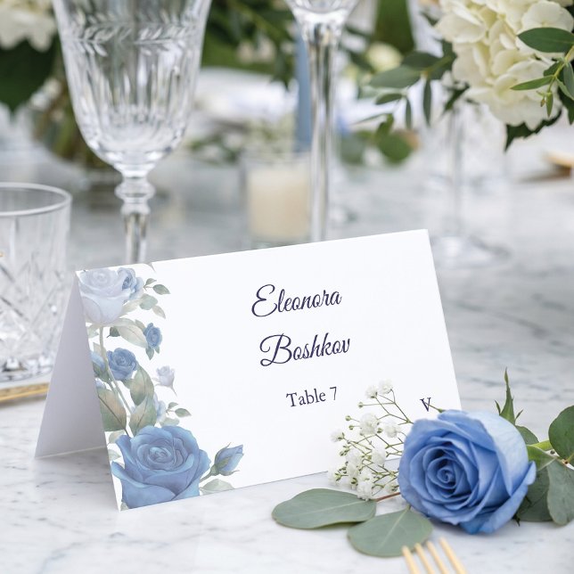 Carte De Placement Elegant French Blue Rose Watercolor Wedding (Welcome your guests with these beautiful blue floral place cards! 💙✨)