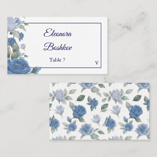Carte De Placement Elegant French Blue Rose Watercolor Wedding Flat (Devant / Derrière)