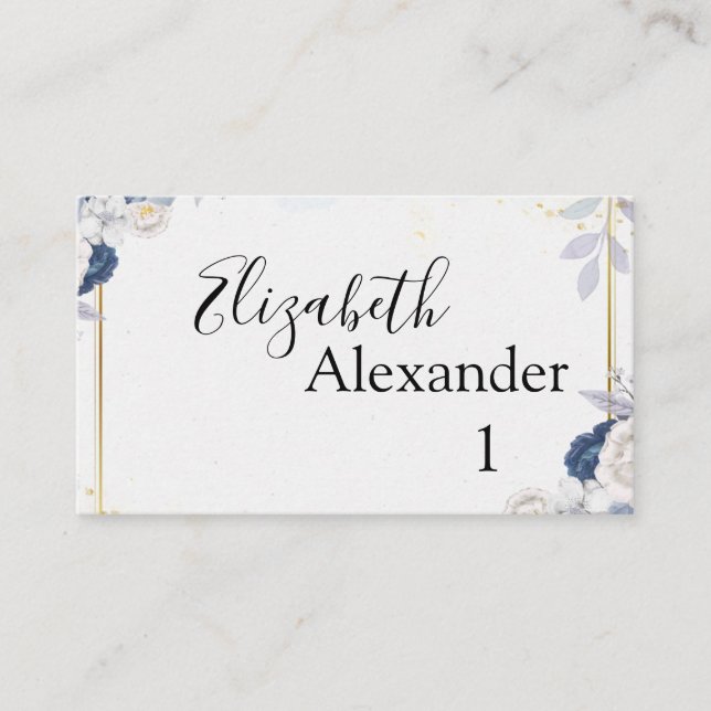 Carte De Placement Elégant Mariage bleu et or floral Dusty (Devant)