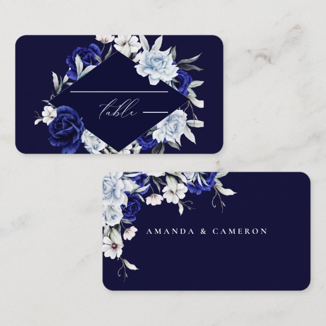 Carte De Placement Elégant Mariage floral Dusty Blue Navy (Devant / Derrière)