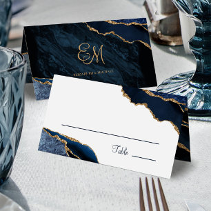 Carte De Placement Élégant Marine Blue Gold Agate Monogramme Mariage