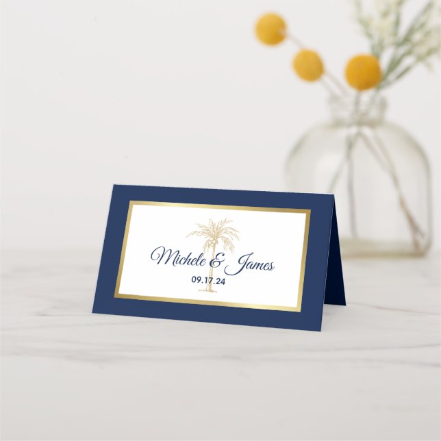 Carte De Placement Elégant Marine Blue Gold Palm Tree Mariage moderne (Devant)
