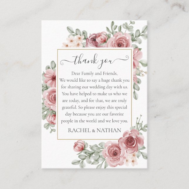 Carte De Placement Élégant Merci Mariage Floral Rose (Devant)