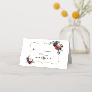 Carte De Placement Elégant Merlot d'or Marine bleu floral Numéro de t