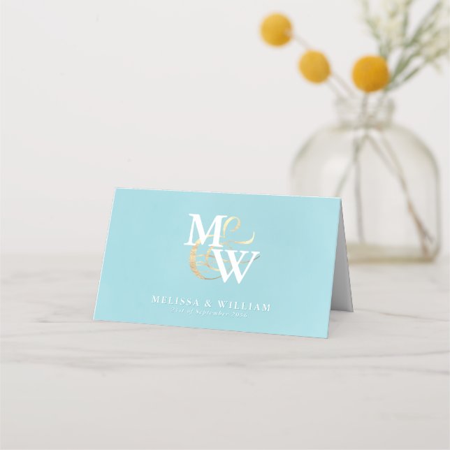 Carte De Placement Elégant Monogram Gold Sea Glass Turquoise White Ma (Devant)