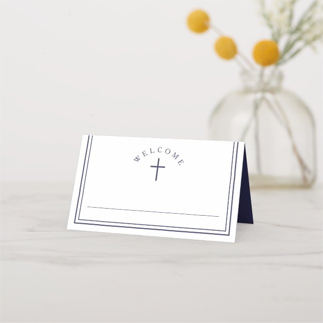 Carte De Placement Elegant Navy Blue Boy First Communion (Devant)