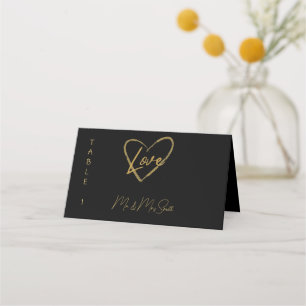 Carte De Placement Élégant noir brillant amour Mariage de coeur noir