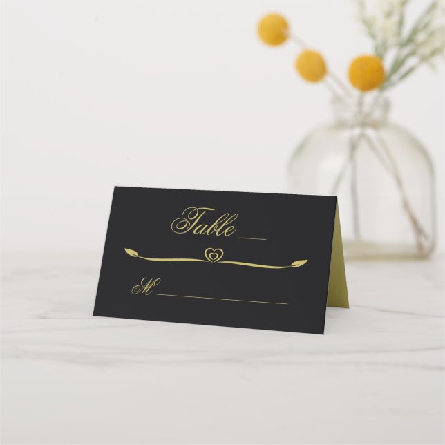 Carte De Placement Élégant Noir et Or Coeur Flourdissant Mariage (Devant)